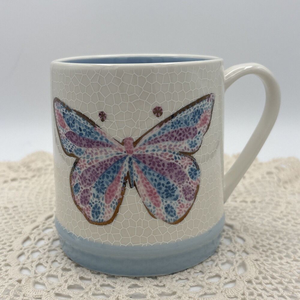 Seeds & Sunshine Butterfly Ceramic Mug - Crackle Glaze Mosaic Pattern - EUC